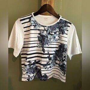 145.) Alia / Floral Striped  Tee  - White & Blue / Cotton Blend